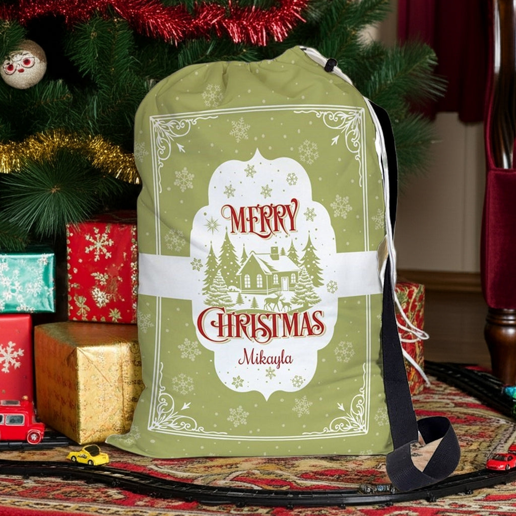 Personalized green cabin Christmas gift sack featuring Merry Christmas design and customizable name