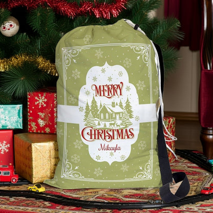 Personalized green cabin Christmas gift sack featuring Merry Christmas design and customizable name