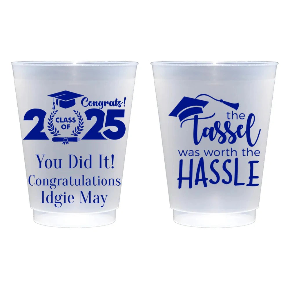 Clear frosted plastic cups customized for 2025 graduation party in blue print