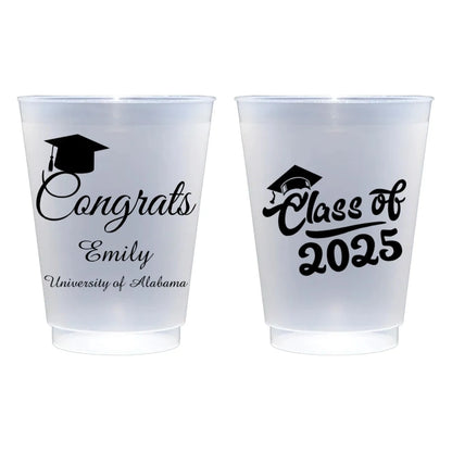 Class of 2025 graduation frosted plastic party cups personalized with Congrats Grad Cap design, graduation name and university in black print 