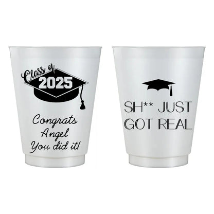 Class of 2025 silver frost plastic graduation party cups custom printed with grad cap designs and 3 lines of text in black print