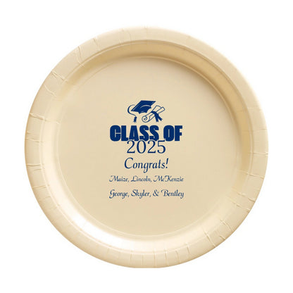 Vanilla color 7 inch paper plate personalized for graduation with "Class of 2025" design, "Congrats!" and graduate names in nave blue print