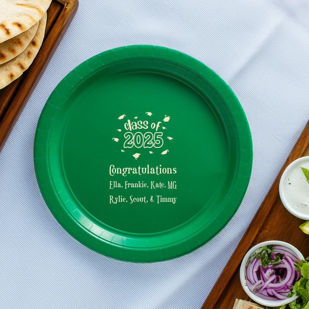 Green paper graduation dinner plate personalized with "Class of 2025 Grad Caps" design and text "Congratulations [Graduate Names]" in ivory print