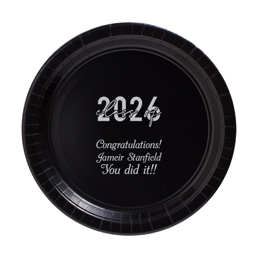 Black 7 Inch paper graduation snack plate personalized with "Class of 2026" design and text "Congratulations! [Graduate Name], You did it!" in silver print