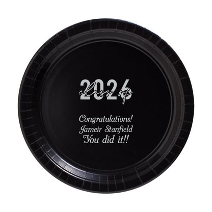 Black 7 Inch paper graduation snack plate personalized with "Class of 2026" design and text "Congratulations! [Graduate Name], You did it!" in silver print