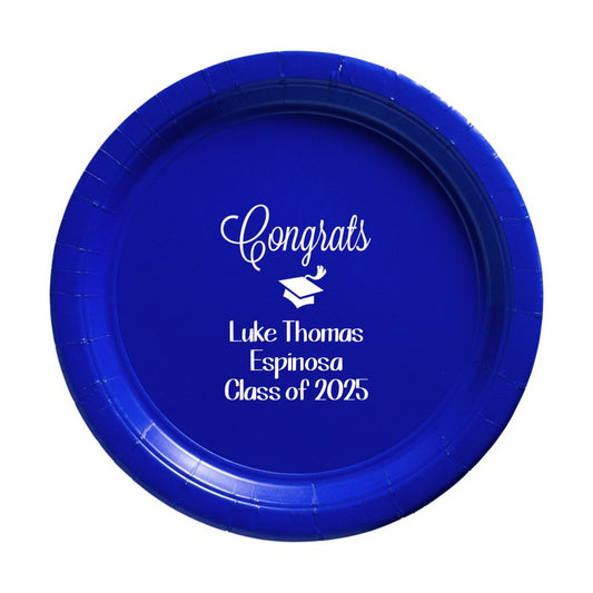 Blue 7 Inch paper graduation dessert plate personalized with "Congrats" design, graduate name and "Class of 2025" in white print