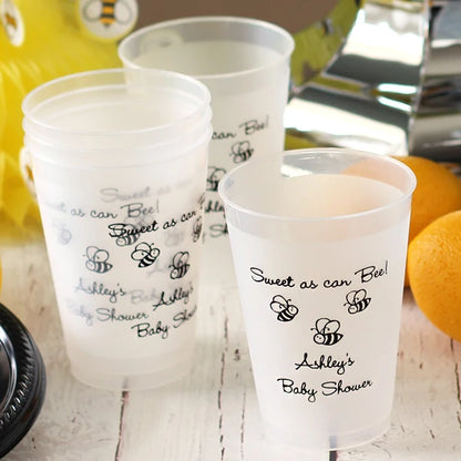 Clear frosted reusable baby shower cups personalized with sweet as can bee design and 2 lines of text in black print