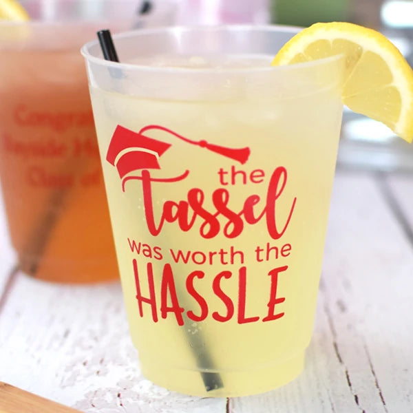 16 oz personalized frosted graduation party cups with red tassel design and lemon garnish