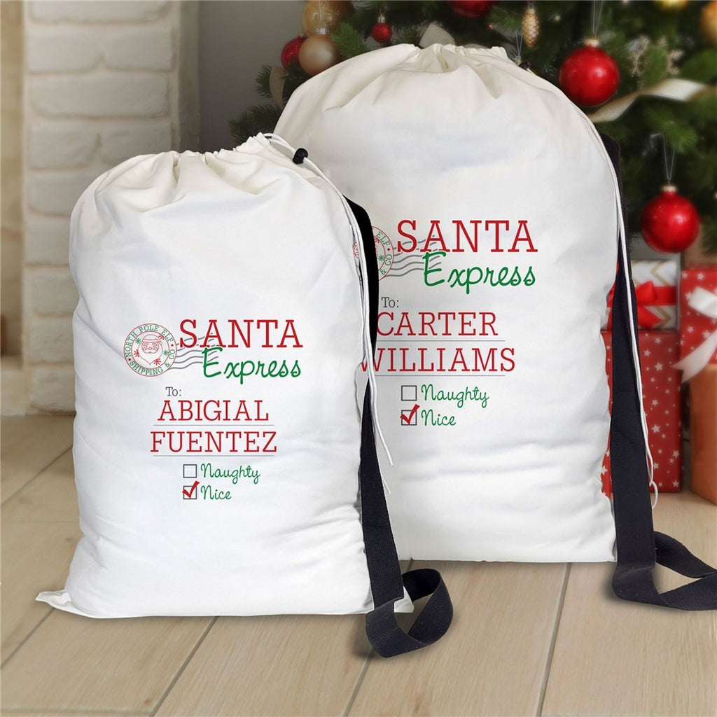 Set of Pro Gift Source Christmas gift sacks with personalized names and Santa Express design