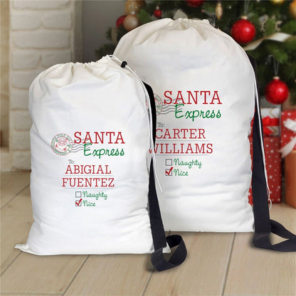 Set of Pro Gift Source Christmas gift sacks with personalized names and Santa Express design