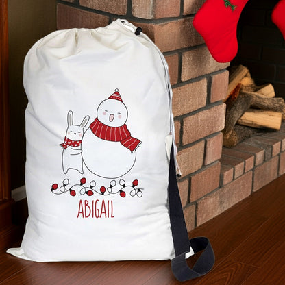 Personalized christmas gift sack featuring a snowman and bunny design for festive gifting