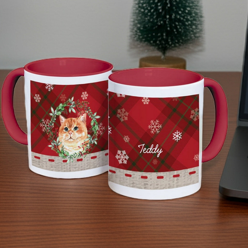 Custom Christmas mug featuring a cat Christmas wreath design and red plaid pattern for holiday gifting