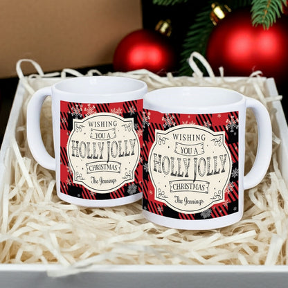Custom Christmas mug featuring a festive design with holly jolly Christmas message and name