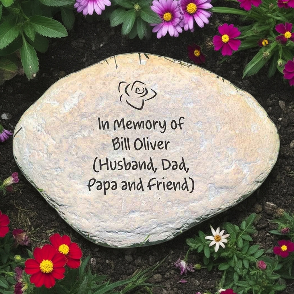 Custom engraved memorial garden stone with 4 lines of In Memory of text surrounded by flowers