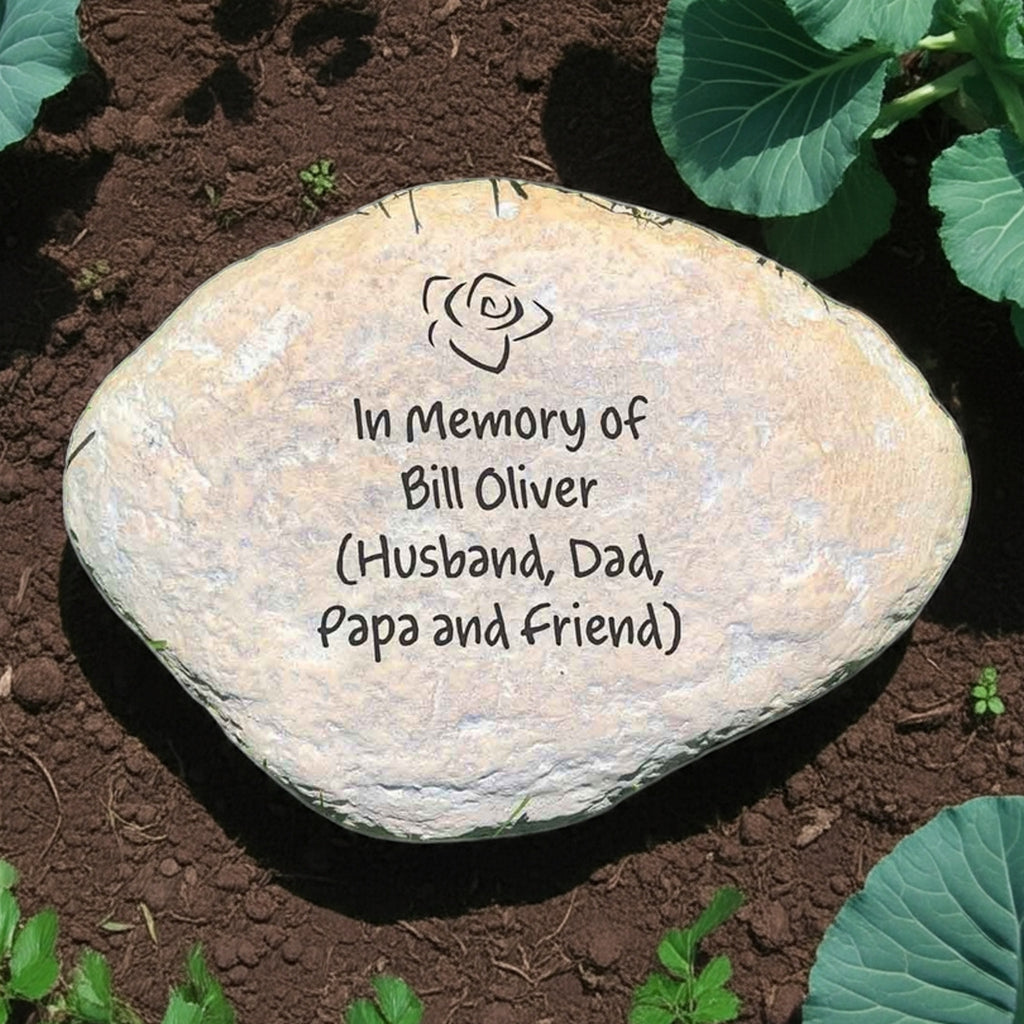 Custom engraved memorial garden stone with 4 lines of personalized in memory message