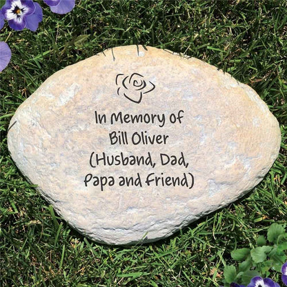 Custom engraved memorial garden stone with In 4 lines of custom text for Memory of inscription and rose design