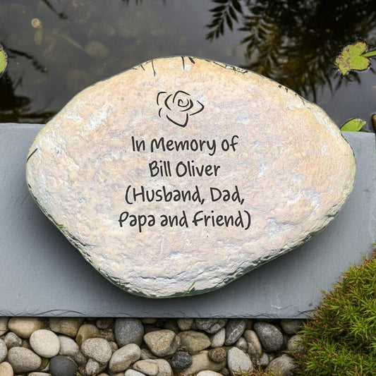 Custom engraved memorial garden stone with 4 lines of text for a personalized tribute