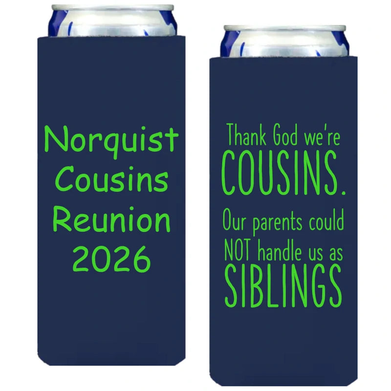 Navy skinny can sleeves personalized for cousins reunion next to campfire