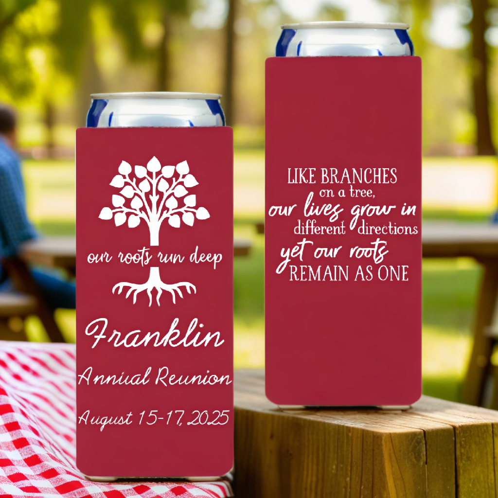 Red color skinny can cooler sleeves for family reunion personalized with our roots run deep design and 3 lines of text on front side and like branches design on back side in white print