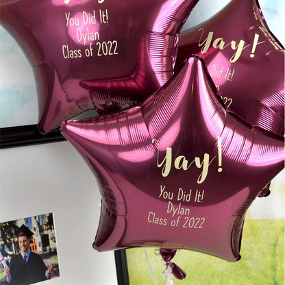 Berry color star graduation balloons personalized with yay design and custom text in ivory print