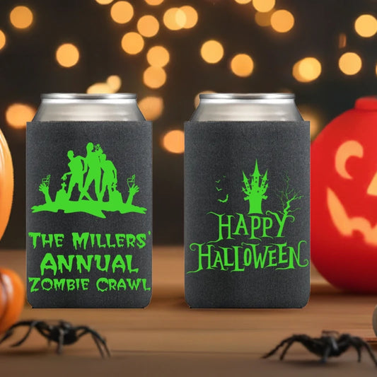 Halloween can coolers black foam koozies with neon green zombie crawl and Happy Halloween designs