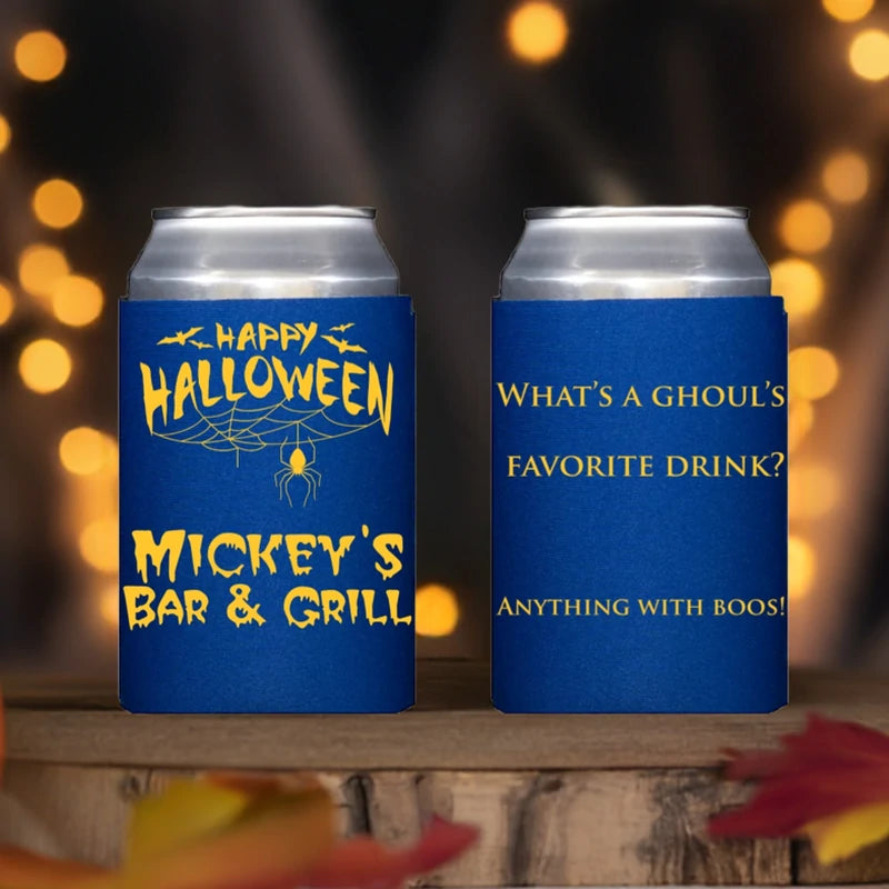 Two blue halloween can coolers with Happy Halloween spider web front and ghouls joke back