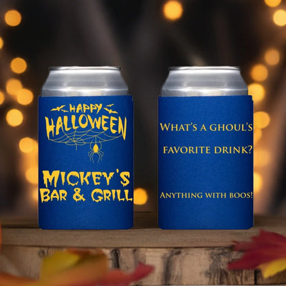 Two blue halloween can coolers with Happy Halloween spider web front and ghouls joke back