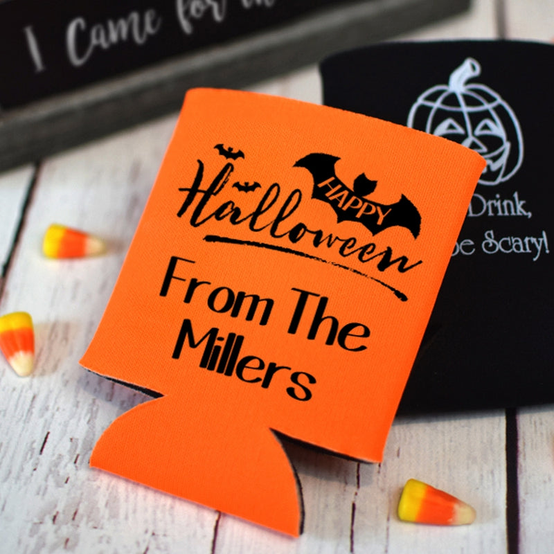 Orange neoprene can cooler personalized with Happy Halloween From The Millers text and candy corn halloween can coolers