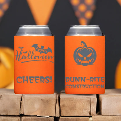 Halloween can coolers two orange koozies with Happy Halloween bat Cheers and jack o lantern Dunn Rite Construction