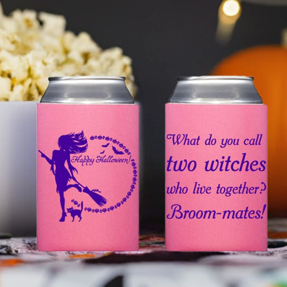 Pink halloween can coolers with purple witch silhouette, cat graphic, and broom mates joke text for parties