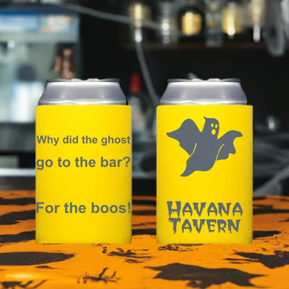Yellow halloween can coolers featuring a ghost joke and ghost logo reading Havana Tavern on a bar