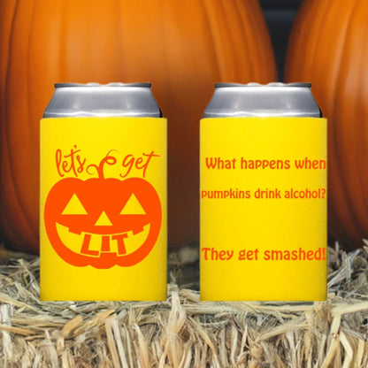 Halloween can coolers bright yellow koozies with orange jack o lantern lets get lit design and pumpkin joke