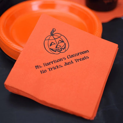 Tippytoad orange personalized Halloween cocktail napkins with black jack o lantern and teacher message