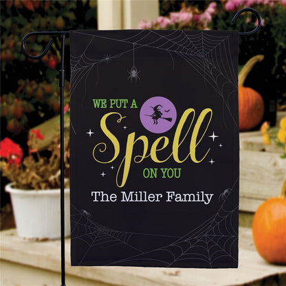 Custom Halloween garden flag black design We Put a Spell on You with witch and spiderwebs