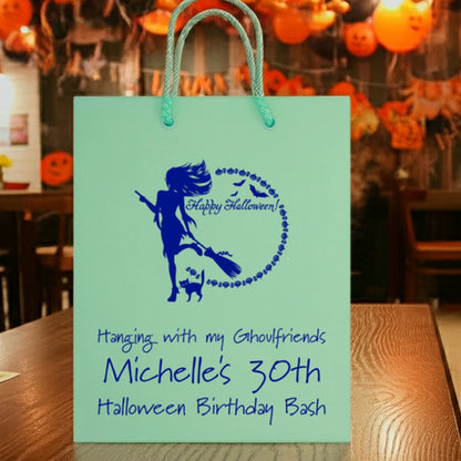 Personalized Tippytoad Halloween gift bags for birthday parties featuring a witch and custom text