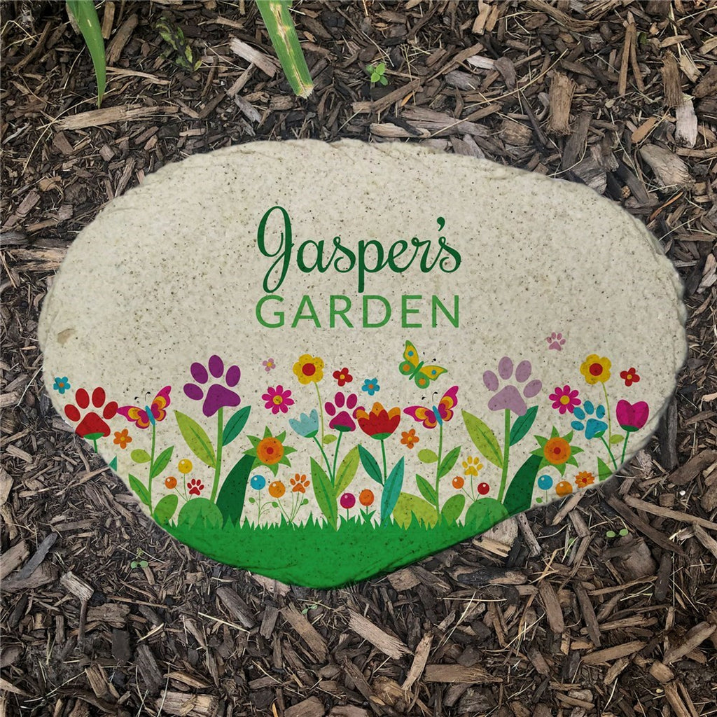 Paw print flowers personalized pet memorial garden stone with colorful flower and paw designs