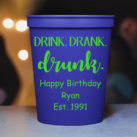 purple 16 oz. stadium cup personalized with drink, drank, drunk adult birthday design and custom text in neon green print