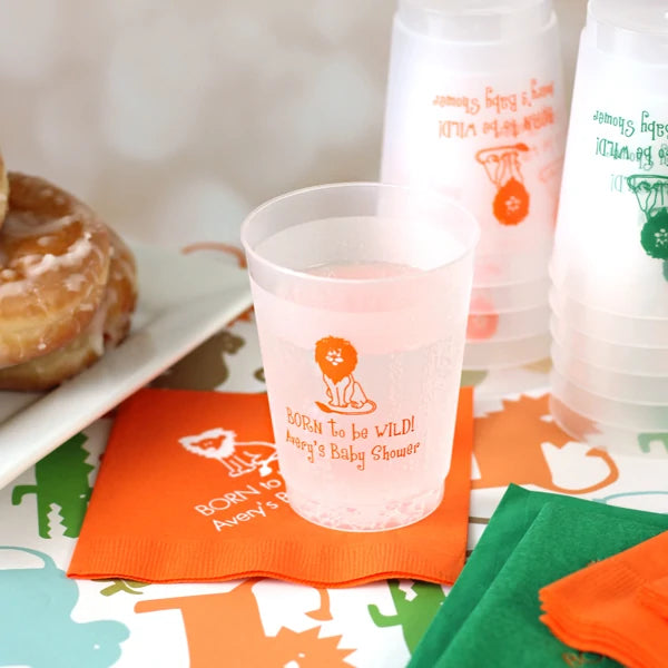 Clear frosted shatterproof baby shower cups personalized with lion design, born to be wild text in orange print
