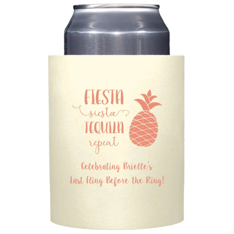 Natural color thick foam can cooler personalized for bachelorette party with fiesta tequila design and 2 lines of custom text in coral print