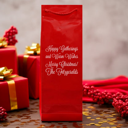Custom Printed Christmas Wine Bottle Gift Bags red glossy wine bag with white script Merry Christmas personalization