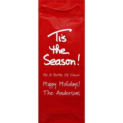 Tippytoad Custom Printed Christmas Wine Bottle Gift Bags red glossy personalized holiday bottle bag reading Tis the Season