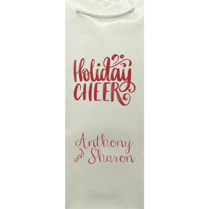 Custom Printed Christmas Wine Bottle Gift Bags ivory bag with red Holiday Cheer script and names Anthony and Sharon