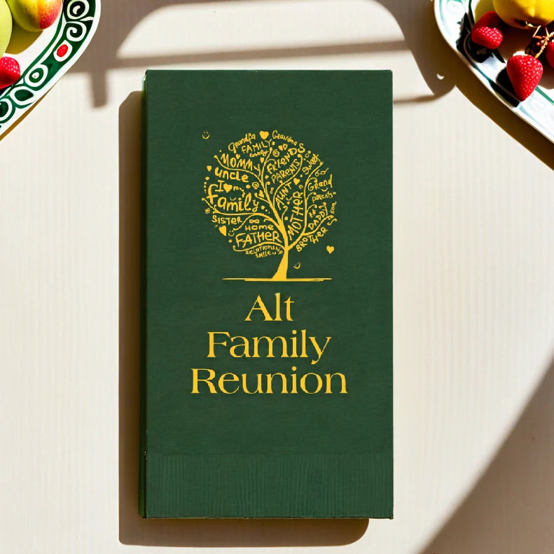 forest green reunion dinner napkin personalizd with family tree design and 3 lines of text in yellow print