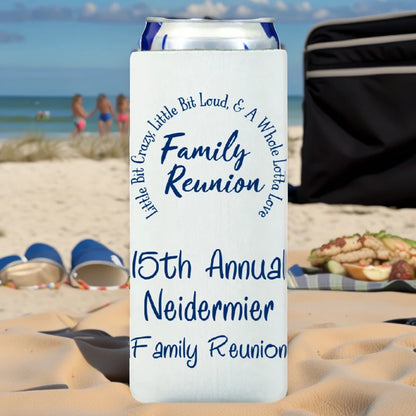 White color family reunion slim can cooler personalized with whole lotta love design and 3 lines of custom text in navy print at beach reunion picnic