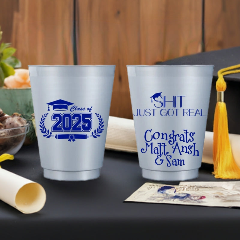 Personalized frosted plastic graduation cups featuring Class of 2025 and custom messages for celebration