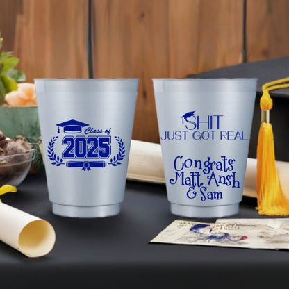 Personalized frosted plastic graduation cups featuring Class of 2025 and custom messages for celebration