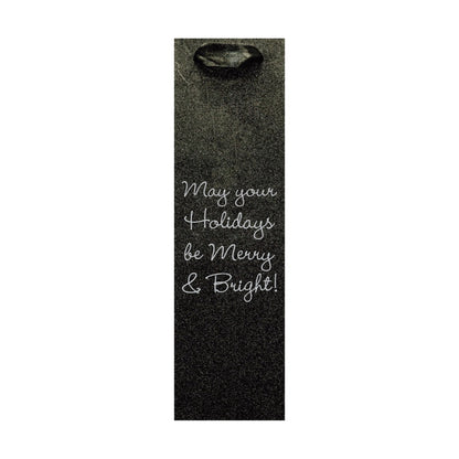 Black glitter wine bottle bag with white script greeting custom printed glitter christmas wine bottle gift bags