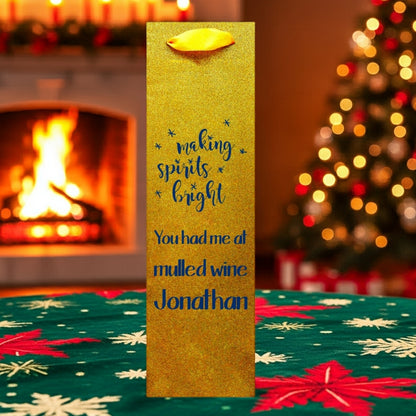 Custom printed glitter christmas wine bottle gift bags gold glitter bag with blue script and making spirits bright design