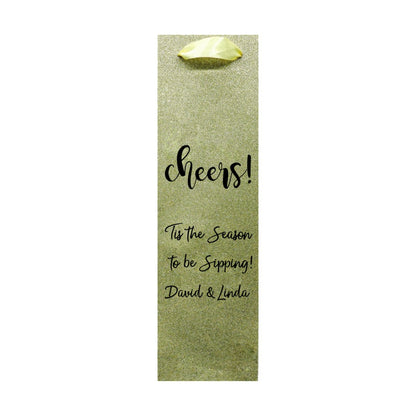 Light gold glitter wine bag saying cheers personalized David Linda custom printed glitter christmas wine bottle gift bags
