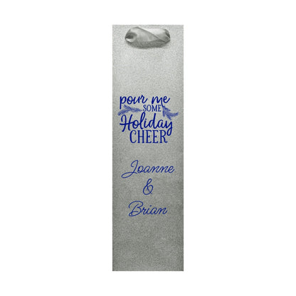 Silver glitter wine bag blue Holiday Cheer and Joanne Brian personalization custom printed glitter christmas wine bottle gift bags